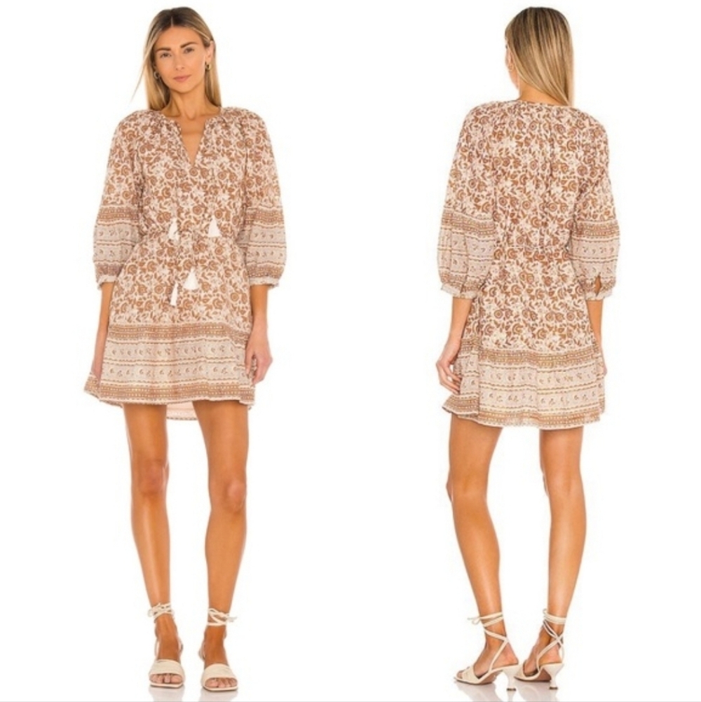 CLEOBELLA Revolve Rosy Mini Dress in Tamil Block Print Tan Boho Organic Cotton M - Picture 11 of 11